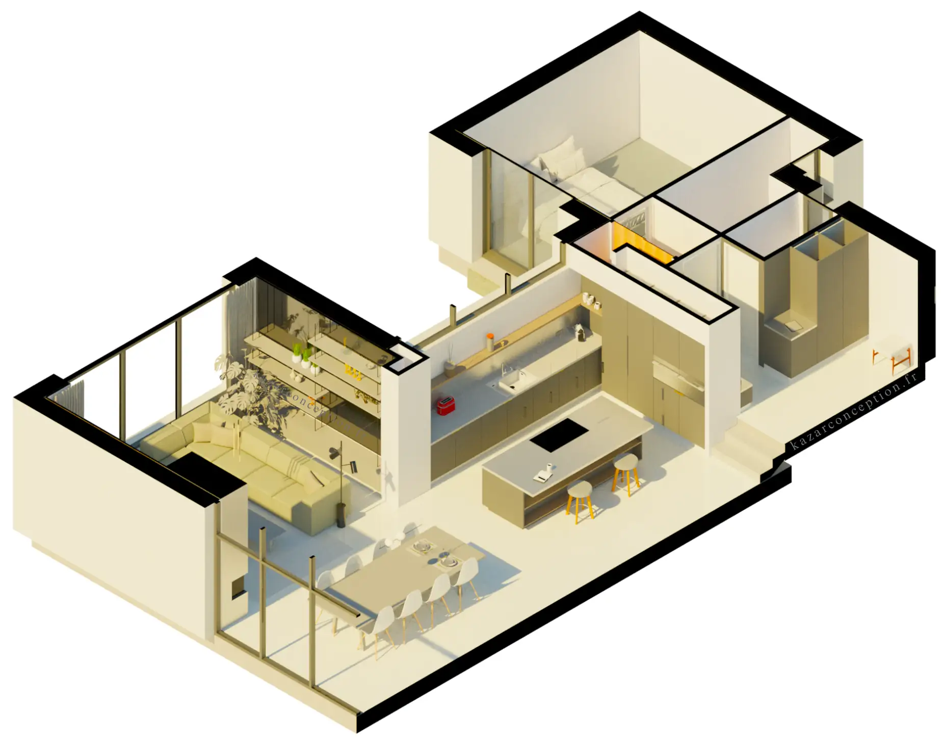 Coupe 3D d'une villa en perspective isométrique