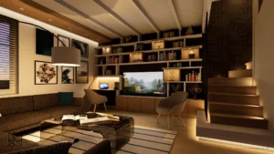 Aménagement d'un espace salon en vue de nuit