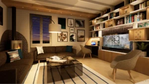 Aménagement d'un espace salon en vue de nuit