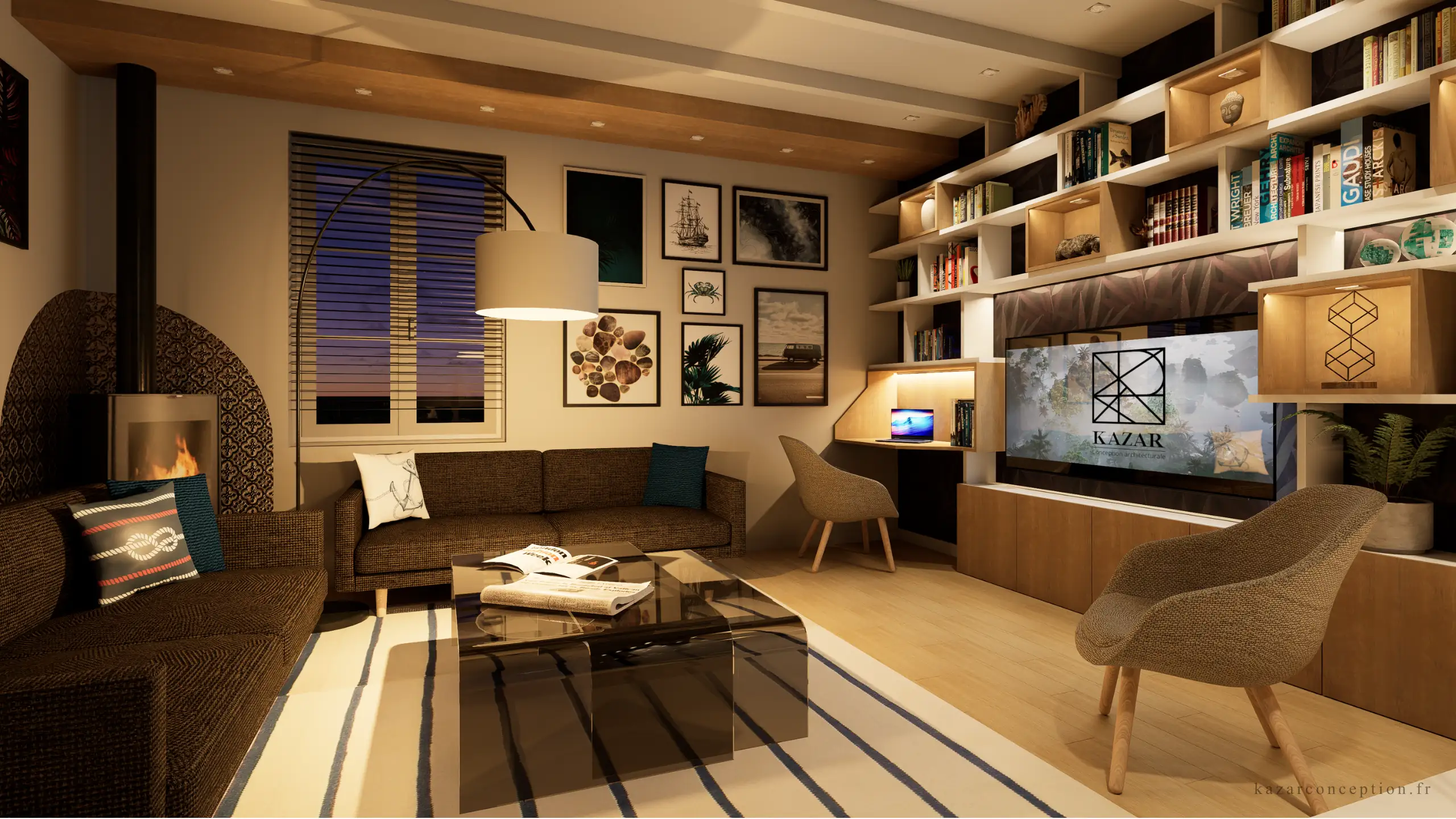 Aménagement d'un espace salon en vue de nuit