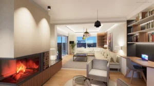 Rendu 3D photoréaliste de l'aménagement intérieur d'une extension