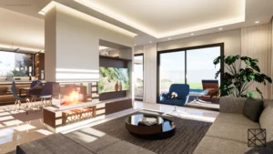 Projet Villa Jasmin - vue de l'espace salon cheminée - vue de l'espace repas en arrière plan